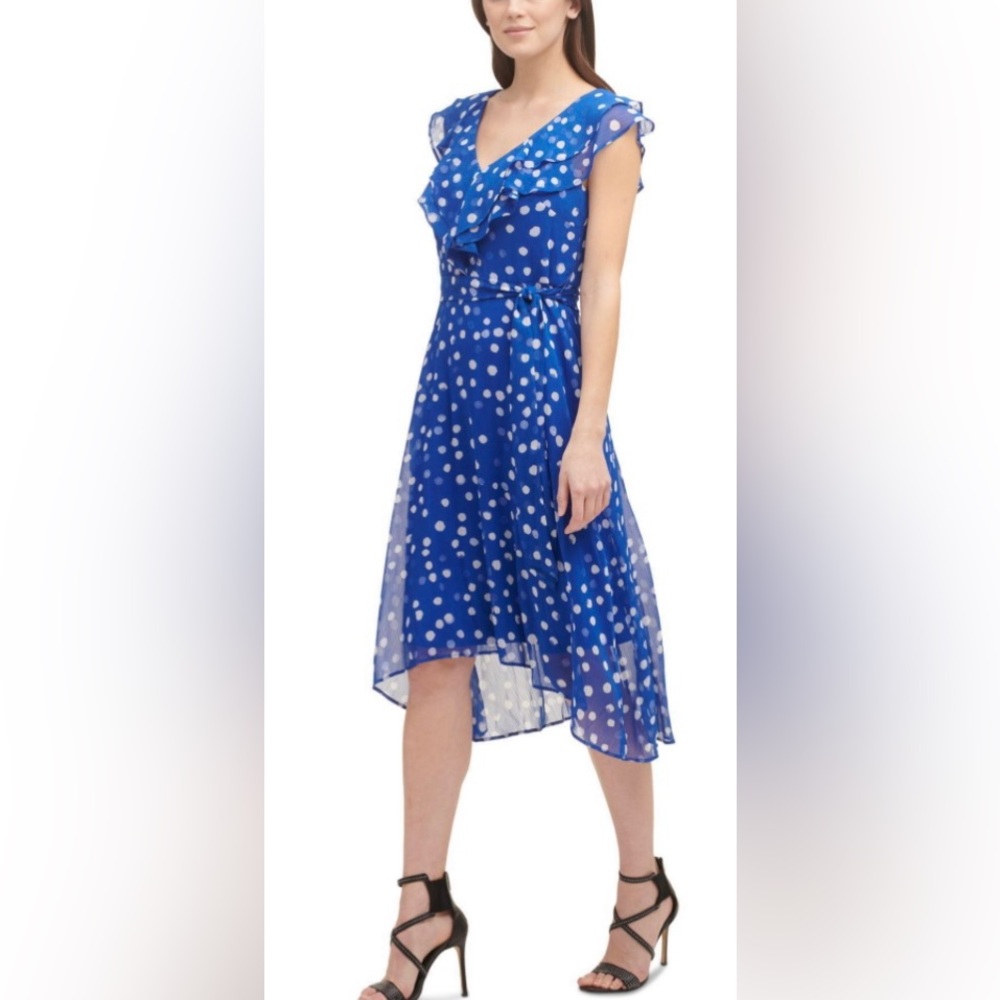 DKNY Womens Blue Ruffled Flutter Sleeve V-Neck Midi Flowing Fit & Flare Dress B1
